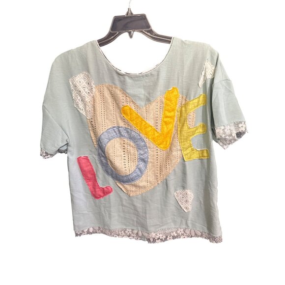 Womens Medium Patchwork Short Sleeve Top With LOVE Appliqué - Picture 1 of 4